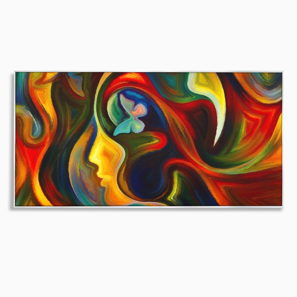 Tablou canvas cu pictura abstracta cu profil uman si fluturi, in rama de aluminiu argintiu