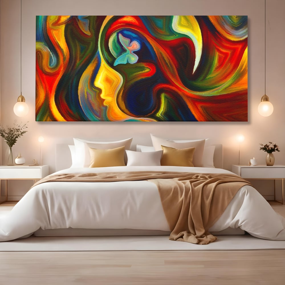 Tablou canvas cu pictura abstracta cu profil uman si fluturi, fara rama, pe sasiu de lemn, pe perete intr-un dormitor