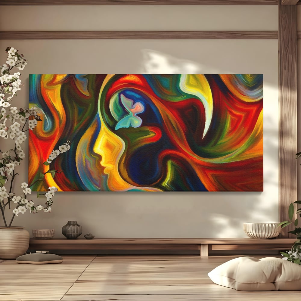 Tablou canvas cu pictura abstracta cu profil uman si fluturi, fara rama, pe sasiu de lemn