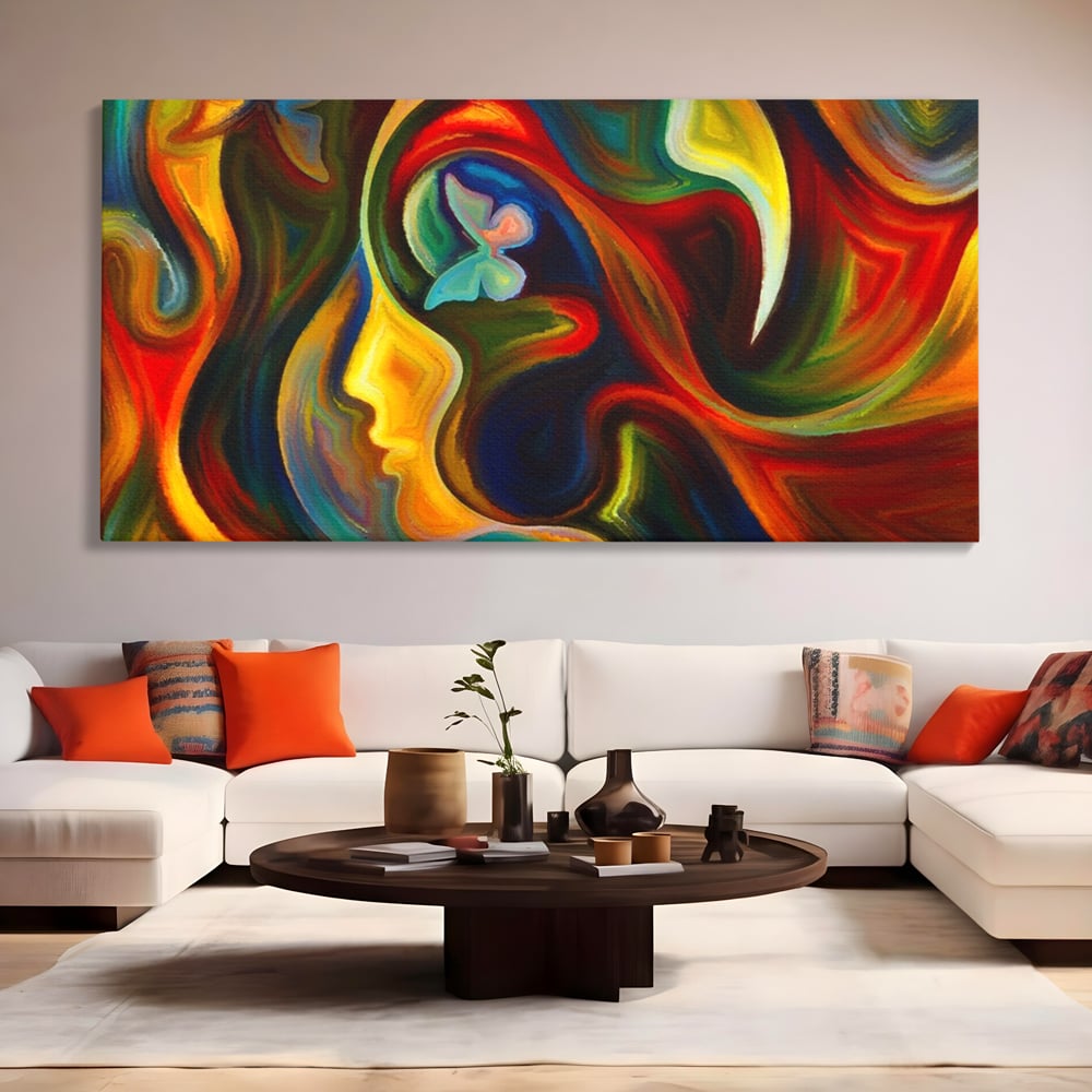 Tablou canvas cu pictura abstracta cu profil uman si fluturi, fara rama, pe sasiu de lemn, pe perete intr-un living