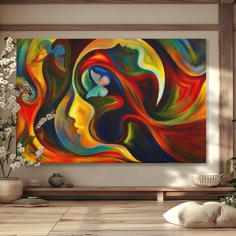Tablou canvas cu pictura abstracta cu profil uman si fluturi, fara rama, pe sasiu de lemn