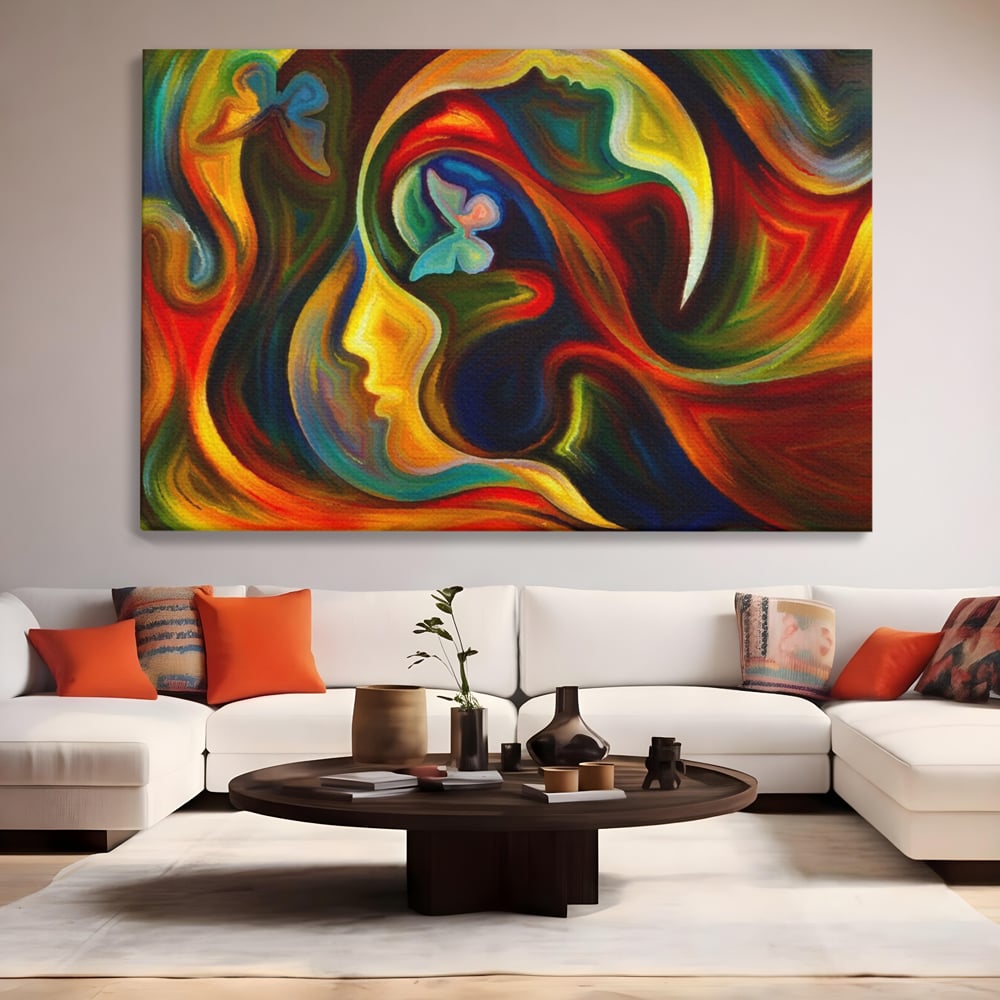 Tablou canvas cu pictura abstracta cu profil uman si fluturi, fara rama, pe sasiu de lemn, pe perete intr-un living
