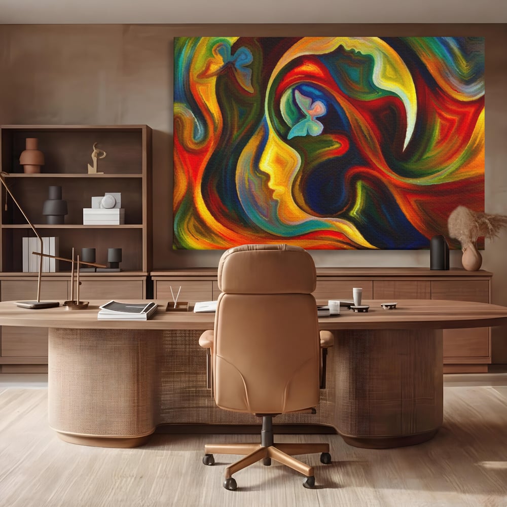 Tablou canvas cu pictura abstracta cu profil uman si fluturi, fara rama, pe sasiu de lemn, pe perete intr-un birou