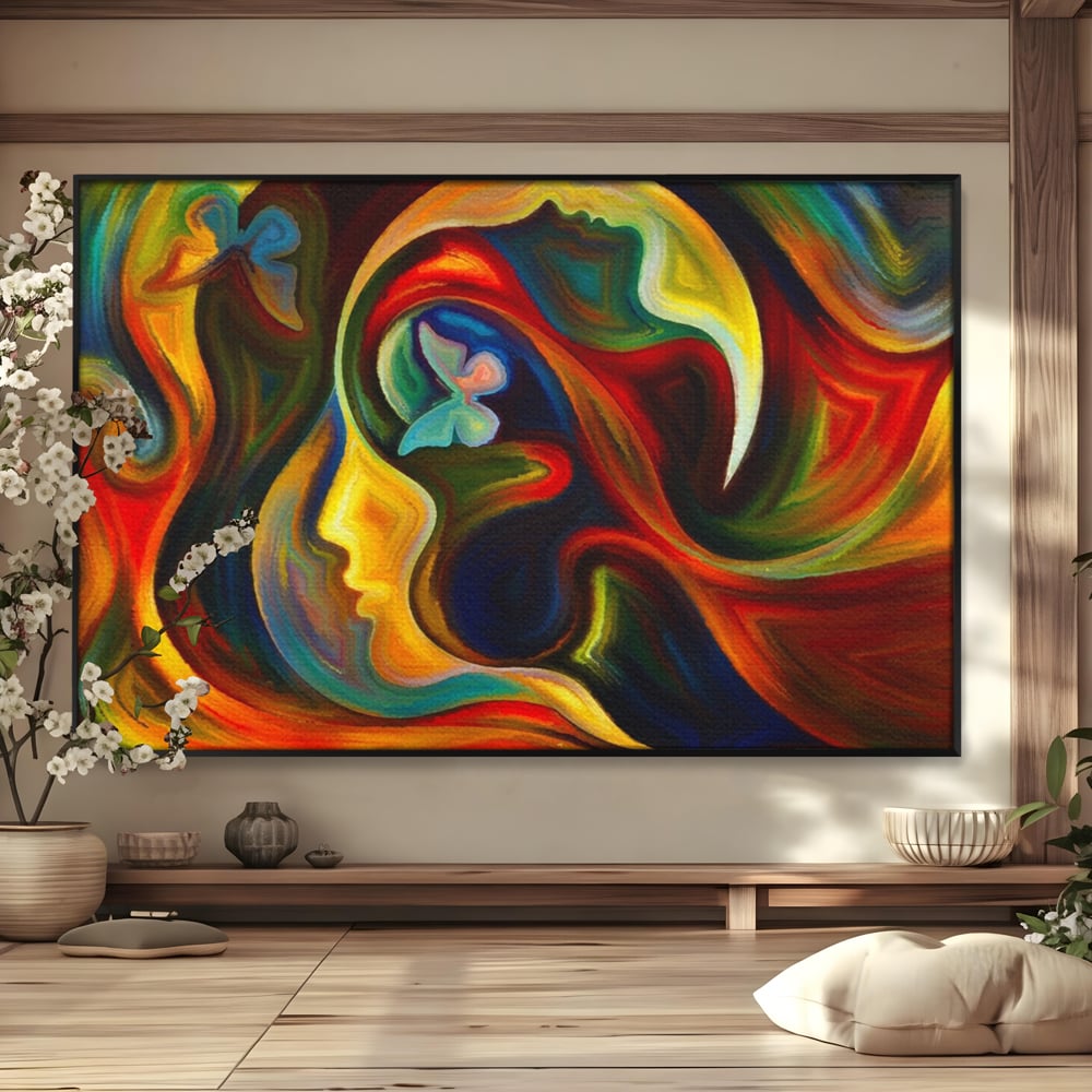 Tablou canvas cu pictura abstracta cu profil uman si fluturi, in rama de aluminiu negru