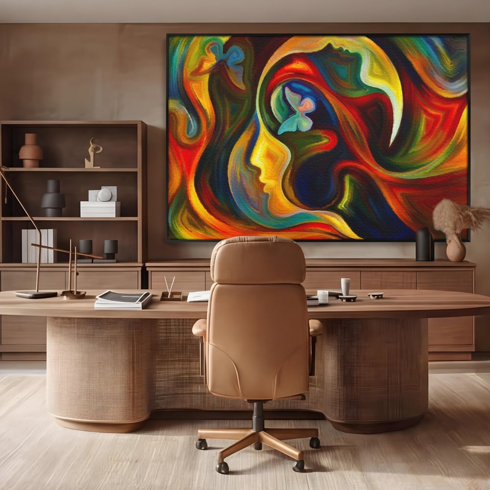 Tablou canvas cu pictura abstracta cu profil uman si fluturi, in rama de aluminiu negru, pe perete intr-un birou