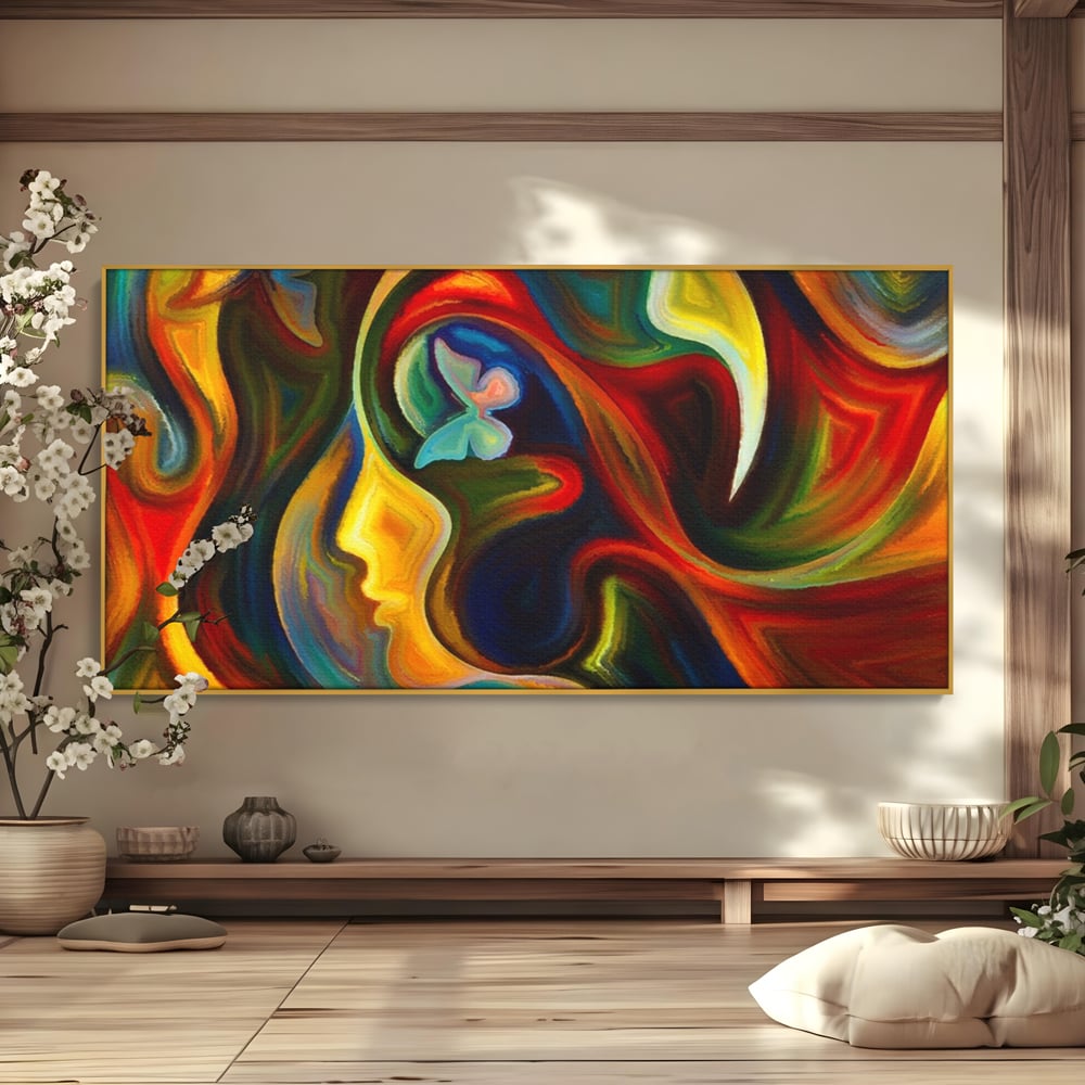 Tablou canvas cu pictura abstracta cu profil uman si fluturi, in rama de aluminiu auriu