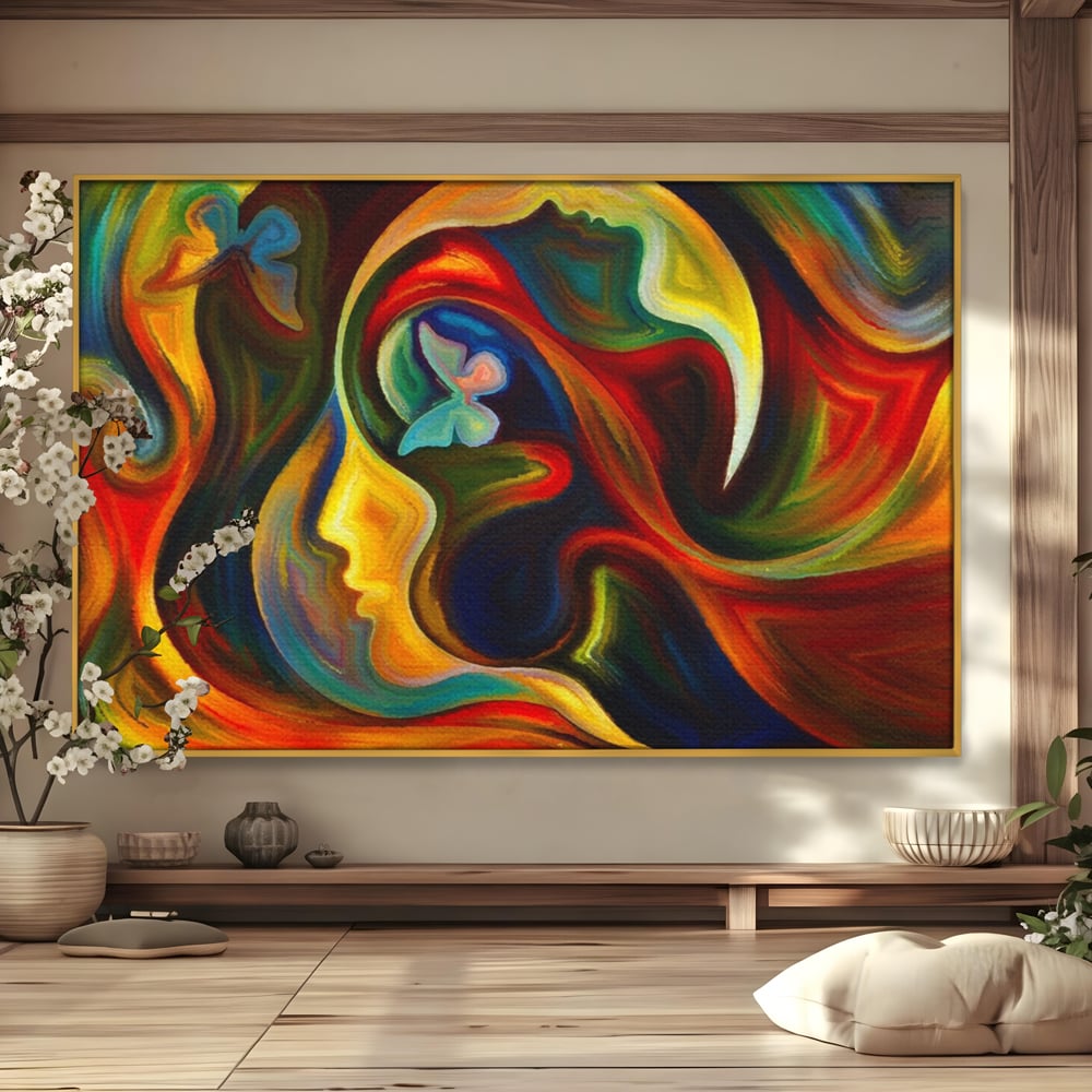 Tablou canvas cu pictura abstracta cu profil uman si fluturi, in rama de aluminiu auriu