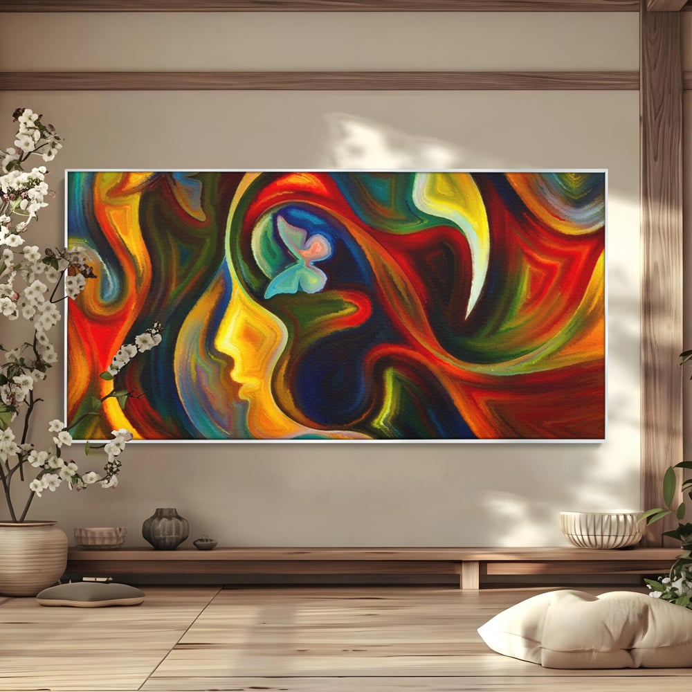 Tablou canvas cu pictura abstracta cu profil uman si fluturi, in rama de aluminiu argintiu