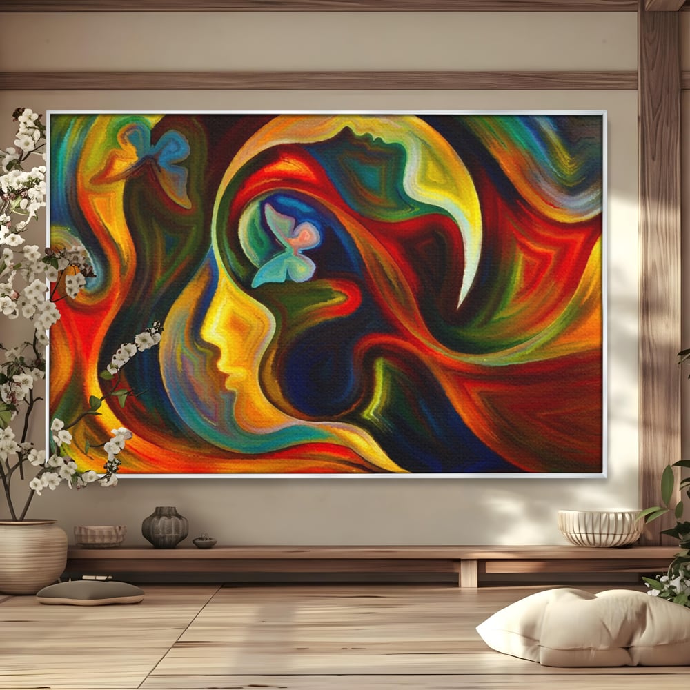 Tablou canvas cu pictura abstracta cu profil uman si fluturi, in rama de aluminiu argintiu