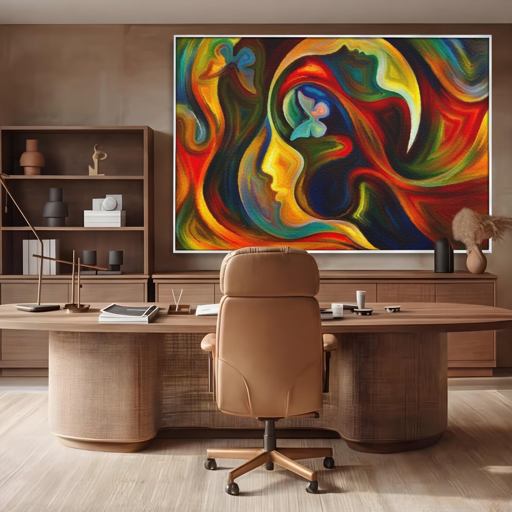 Tablou canvas cu pictura abstracta cu profil uman si fluturi, in rama de aluminiu argintiu, pe perete intr-un birou