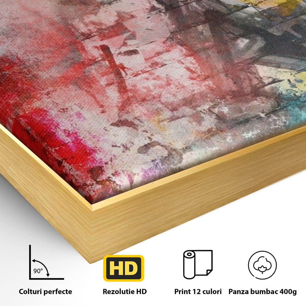 Detaliu al suprafetei: tablou canvas cu arta abstracta si graffiti, in rama de aluminiu auriu