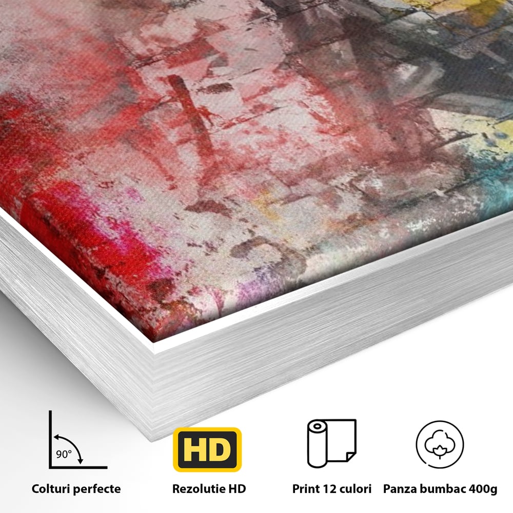 Detaliu al suprafetei: tablou canvas cu arta abstracta si graffiti, in rama de aluminiu argintiu
