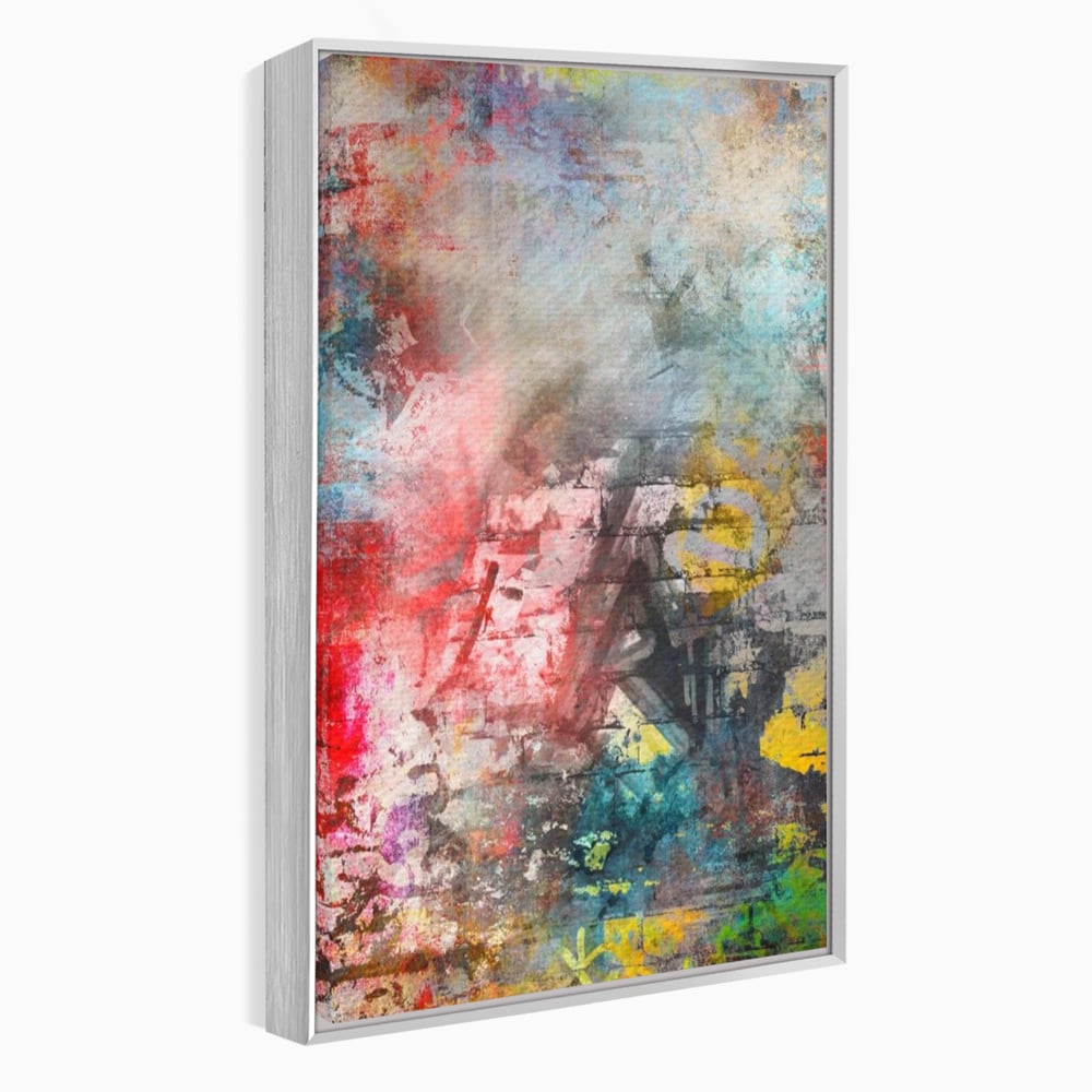 Tablou canvas cu tablou canvas cu arta abstracta si graffiti, in rama de aluminiu argintiu