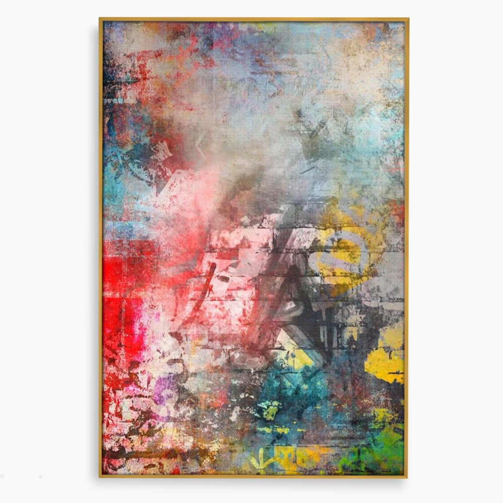 Tablou canvas cu tablou canvas cu arta abstracta si graffiti, in rama de aluminiu auriu
