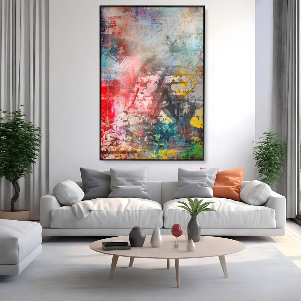 Tablou canvas cu tablou canvas cu arta abstracta si graffiti, in rama de aluminiu negru, pe perete intr-un living