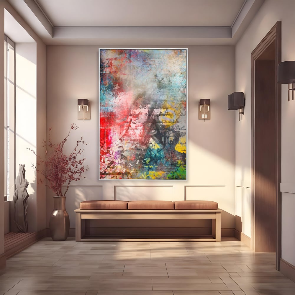 Tablou canvas cu tablou canvas cu arta abstracta si graffiti, in rama de aluminiu argintiu