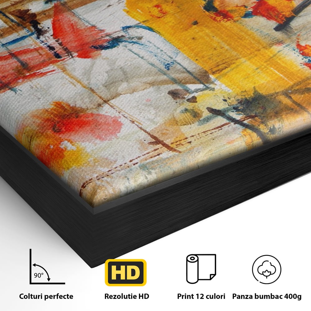 Detaliu al suprafetei: tablou abstract cu pete rosii si galbene, in rama de aluminiu negru