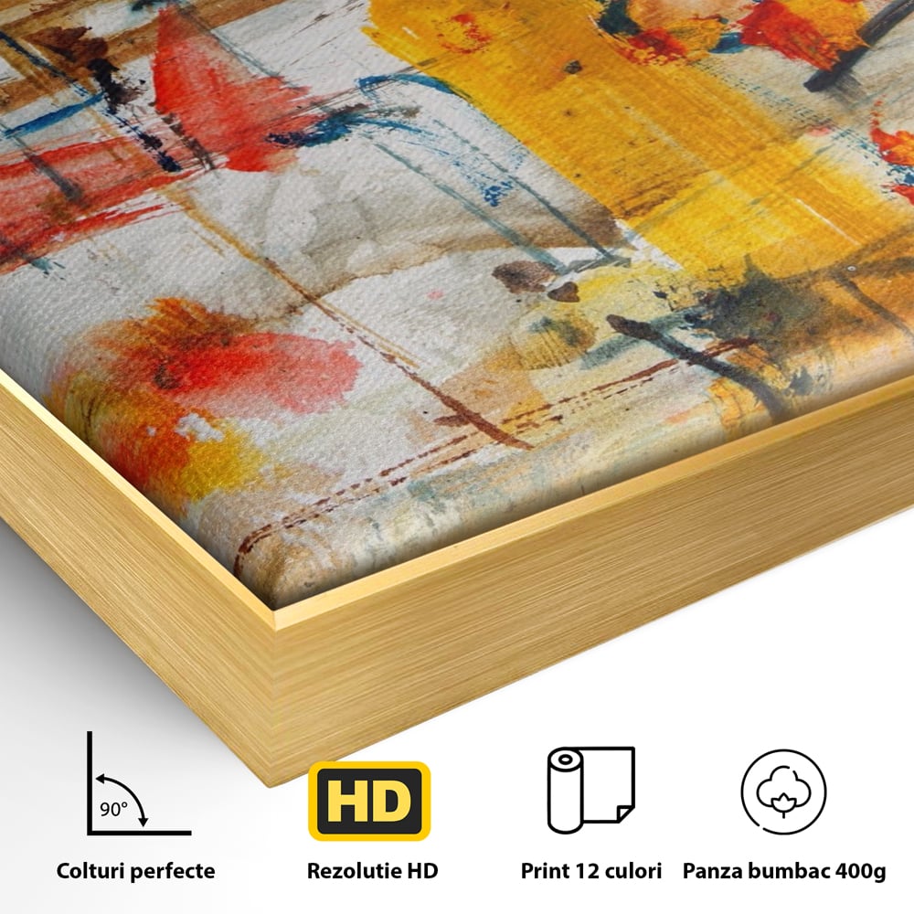 Detaliu al suprafetei: tablou abstract cu pete rosii si galbene, in rama de aluminiu auriu