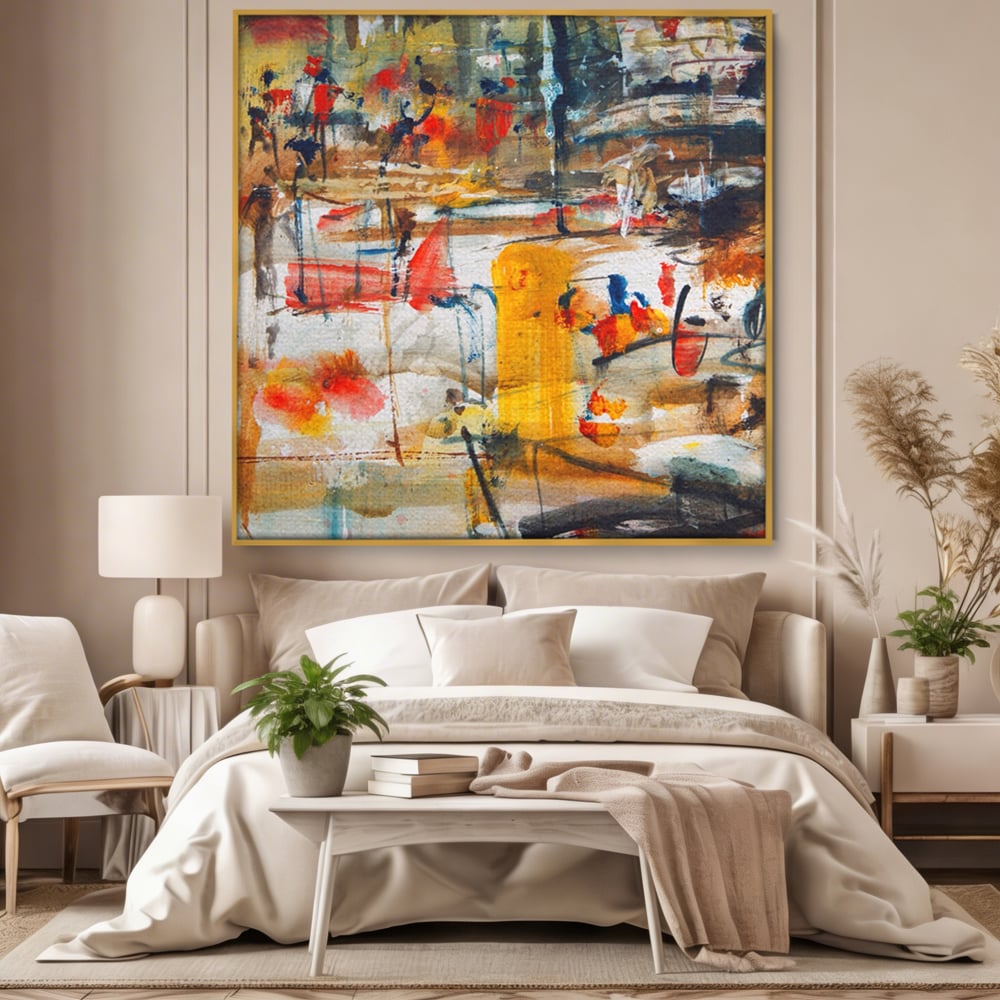Tablou canvas cu tablou abstract cu pete rosii si galbene, in rama de aluminiu auriu, pe perete intr-un dormitor