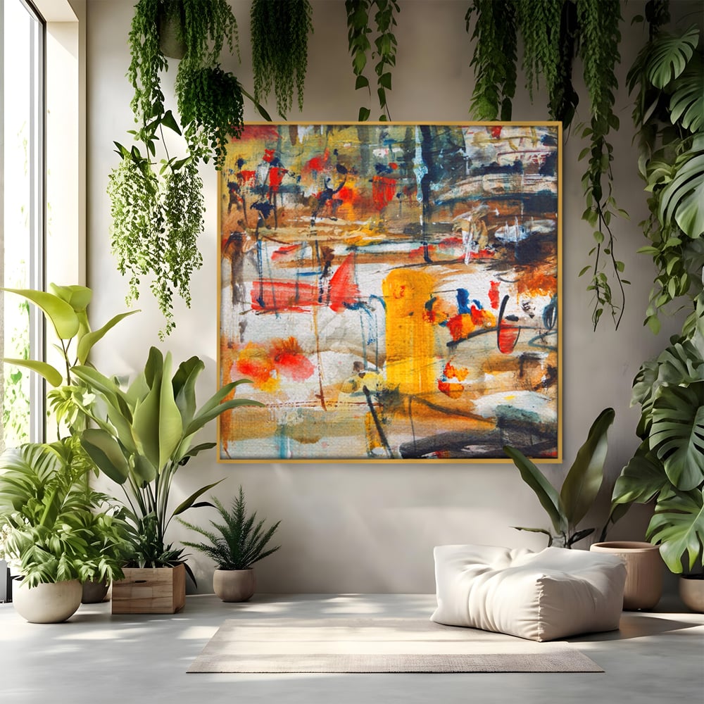 Tablou canvas cu tablou abstract cu pete rosii si galbene, in rama de aluminiu auriu
