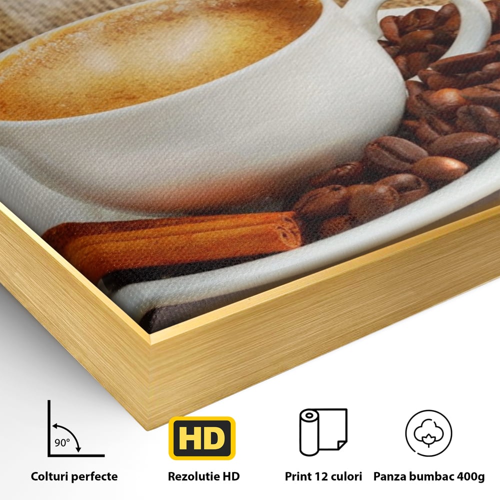 Detaliu al suprafetei: tablou canvas cu ceasca de cafea si scortisoara, in rama de aluminiu auriu