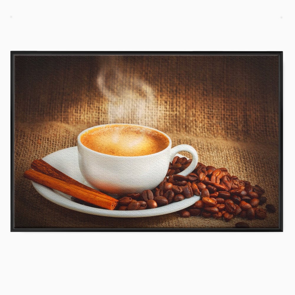 Tablou canvas cu tablou canvas cu ceasca de cafea si scortisoara, in rama de aluminiu negru