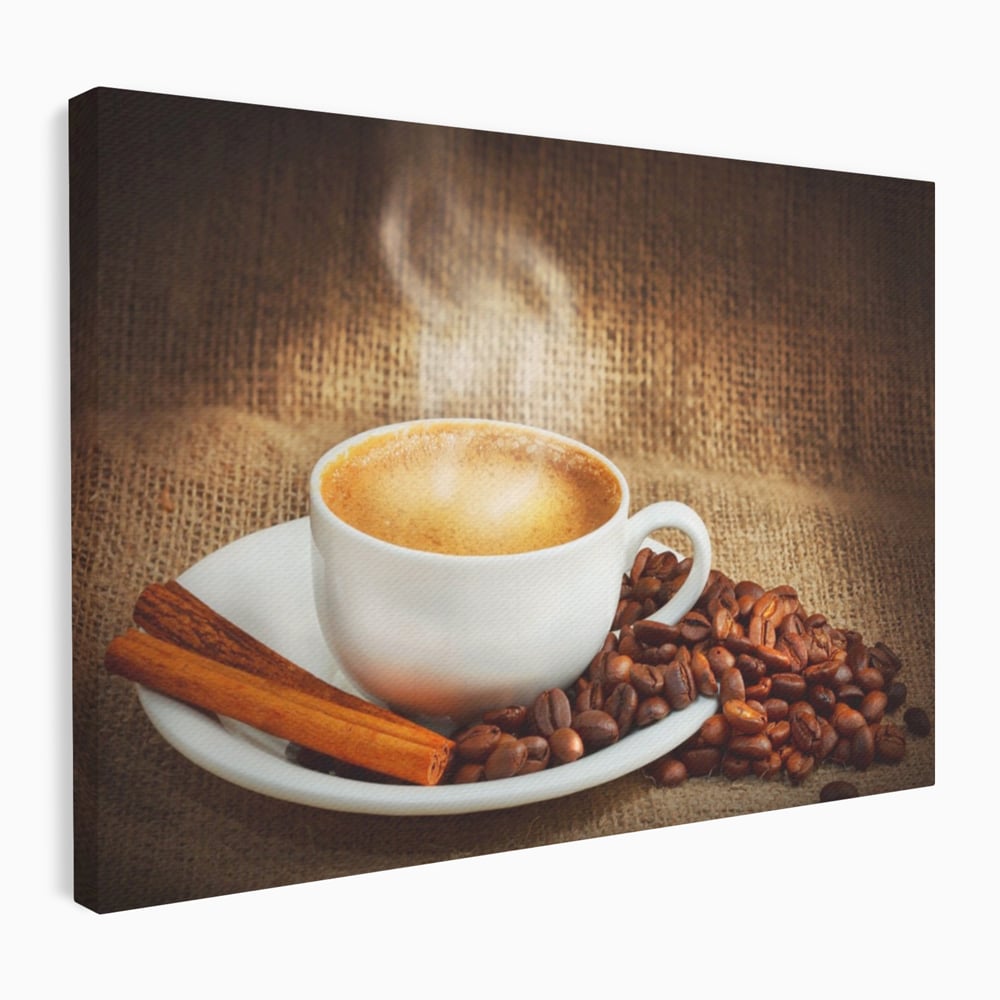Tablou canvas cu tablou canvas cu ceasca de cafea si scortisoara, fara rama, pe sasiu de lemn