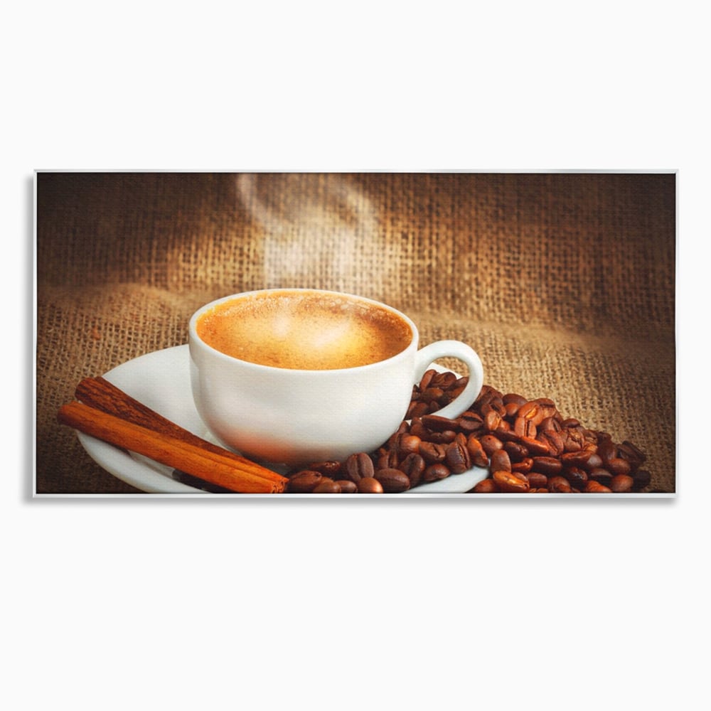 Tablou canvas cu tablou canvas cu ceasca de cafea si scortisoara, in rama de aluminiu argintiu