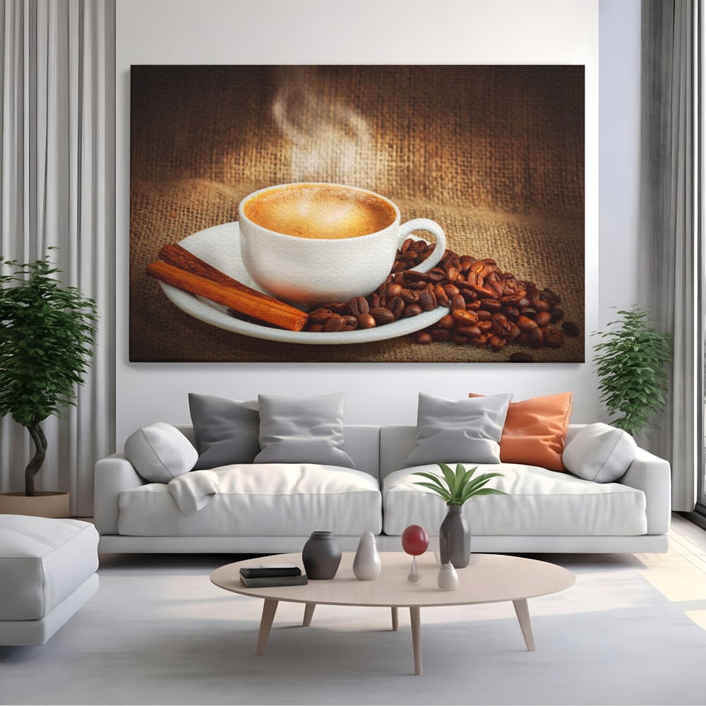 Tablou canvas cu tablou canvas cu ceasca de cafea si scortisoara, fara rama, pe sasiu de lemn, pe perete intr-un living