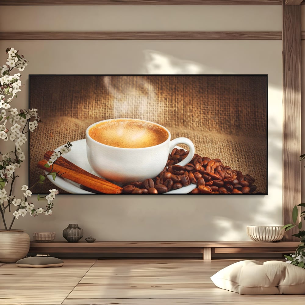 Tablou canvas cu tablou canvas cu ceasca de cafea si scortisoara, in rama de aluminiu negru