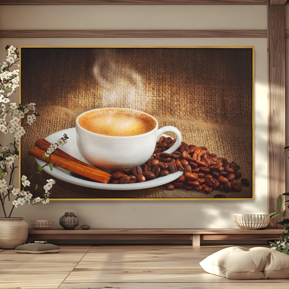 Tablou canvas cu tablou canvas cu ceasca de cafea si scortisoara, in rama de aluminiu auriu