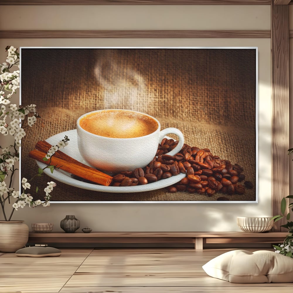 Tablou canvas cu tablou canvas cu ceasca de cafea si scortisoara, in rama de aluminiu argintiu