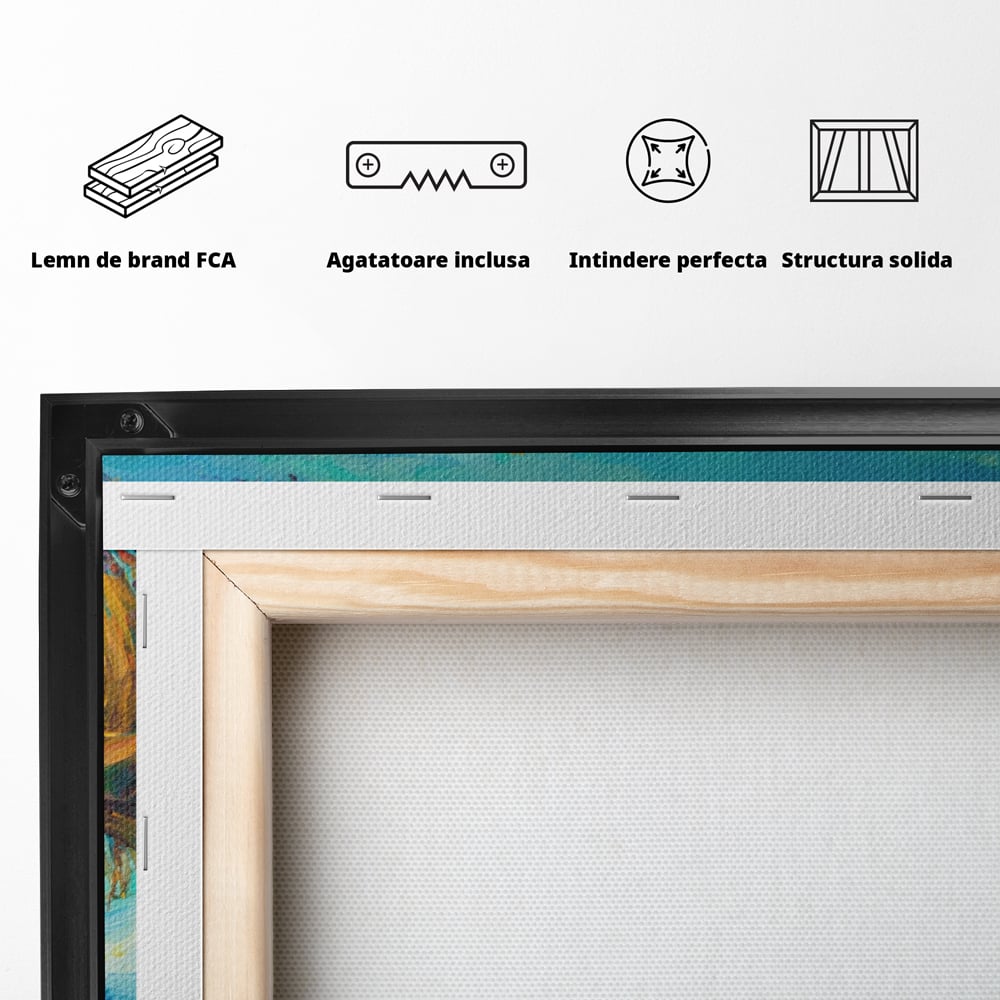 Spatele tabloului canvas, cu sasiu din lemn de brad, capse metalice si agatatoare, in rama de aluminiu negru
