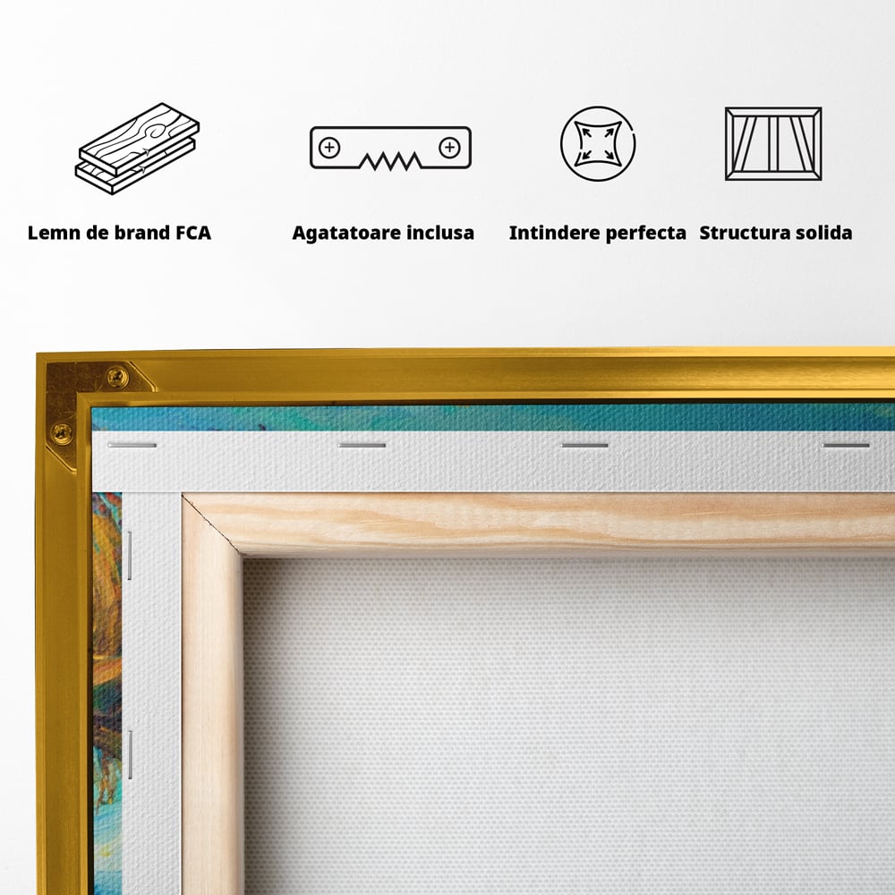 Spatele tabloului canvas, cu sasiu din lemn de brad, capse metalice si agatatoare, in rama de aluminiu auriu