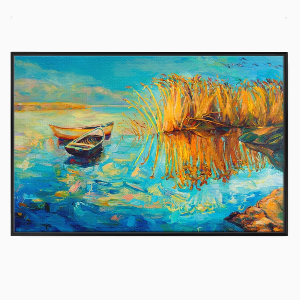 Tablou canvas orizontal peisaj cu barci pe lac, turcoaz si auriu, in rama de aluminiu negru