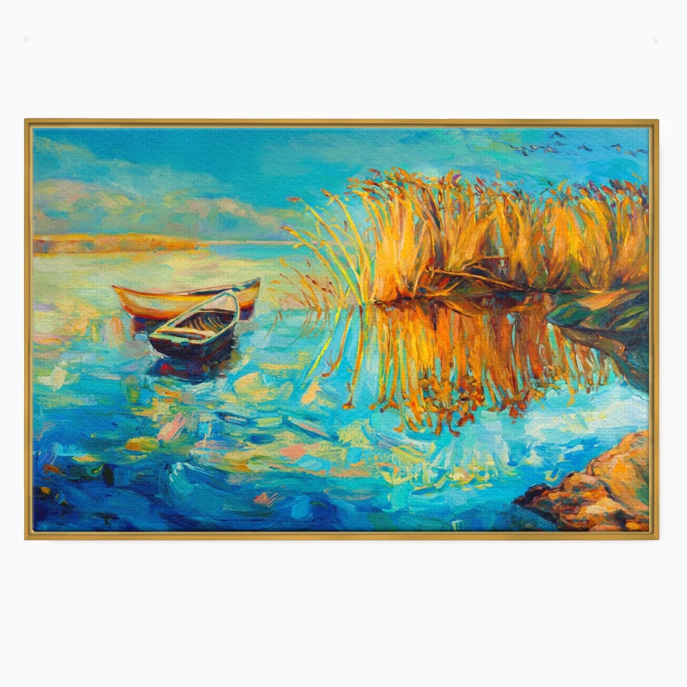 Tablou canvas orizontal peisaj cu barci pe lac, turcoaz si auriu, in rama de aluminiu auriu