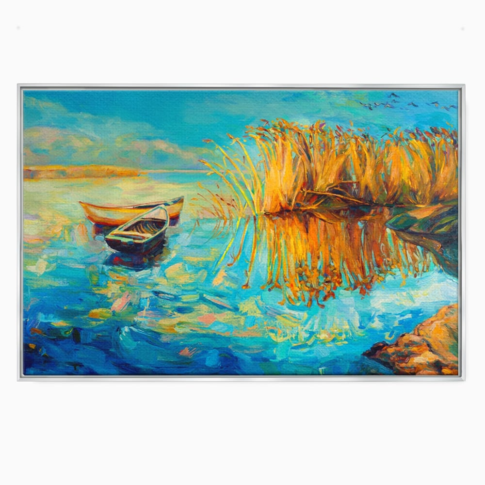 Tablou canvas orizontal peisaj cu barci pe lac, turcoaz si auriu, in rama de aluminiu argintiu