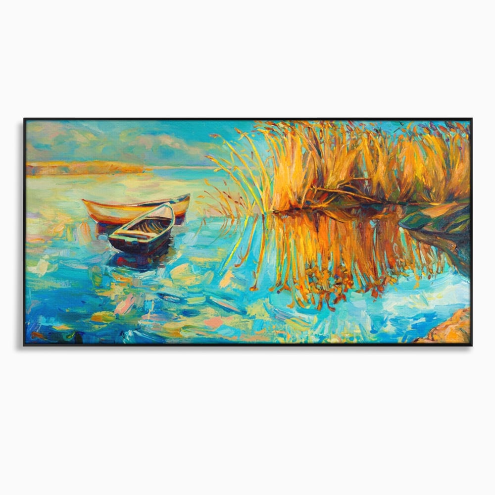 Tablou canvas orizontal peisaj cu barci pe lac, turcoaz si auriu, in rama de aluminiu negru