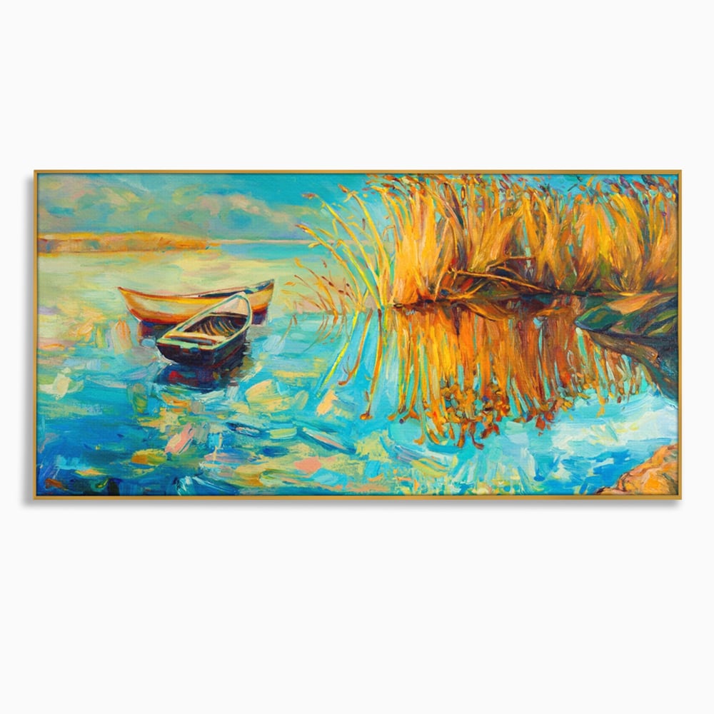 Tablou canvas orizontal peisaj cu barci pe lac, turcoaz si auriu, in rama de aluminiu auriu