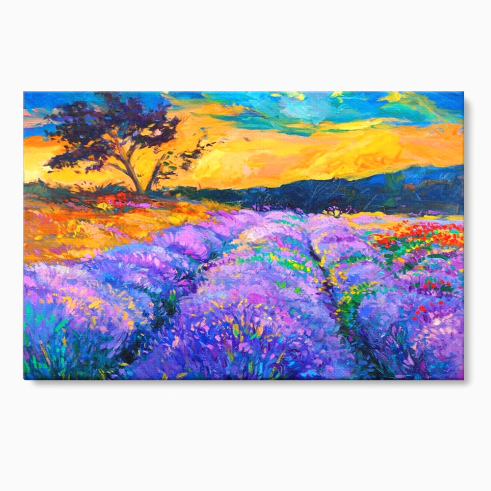Tablou canvas cu pictura camp de lavanda la apus, fara rama, pe sasiu de lemn