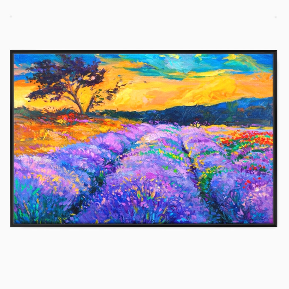 Tablou canvas cu pictura camp de lavanda la apus, in rama de aluminiu negru