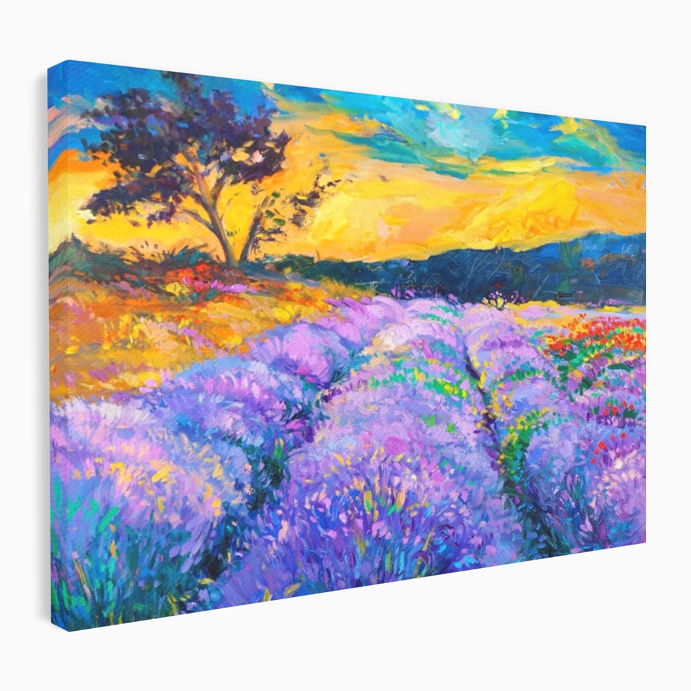 Tablou canvas cu pictura camp de lavanda la apus, fara rama, pe sasiu de lemn