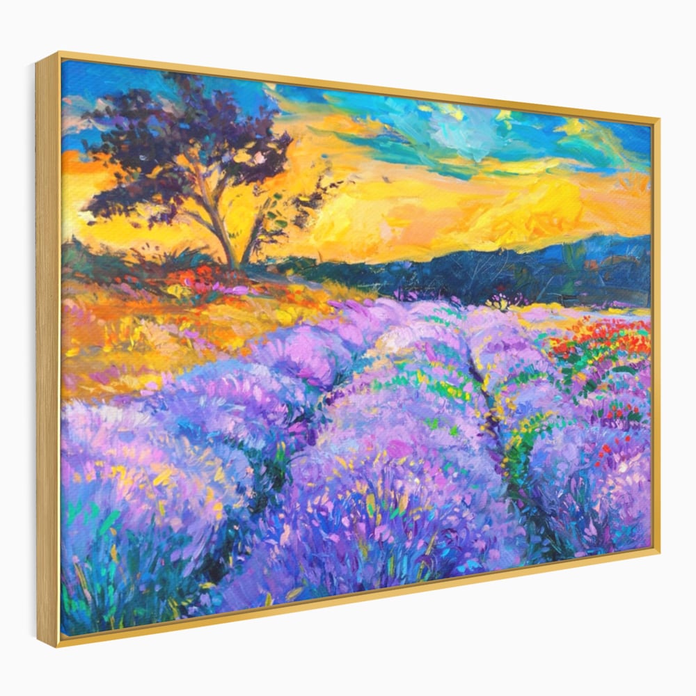 Tablou canvas cu pictura camp de lavanda la apus, in rama de aluminiu auriu