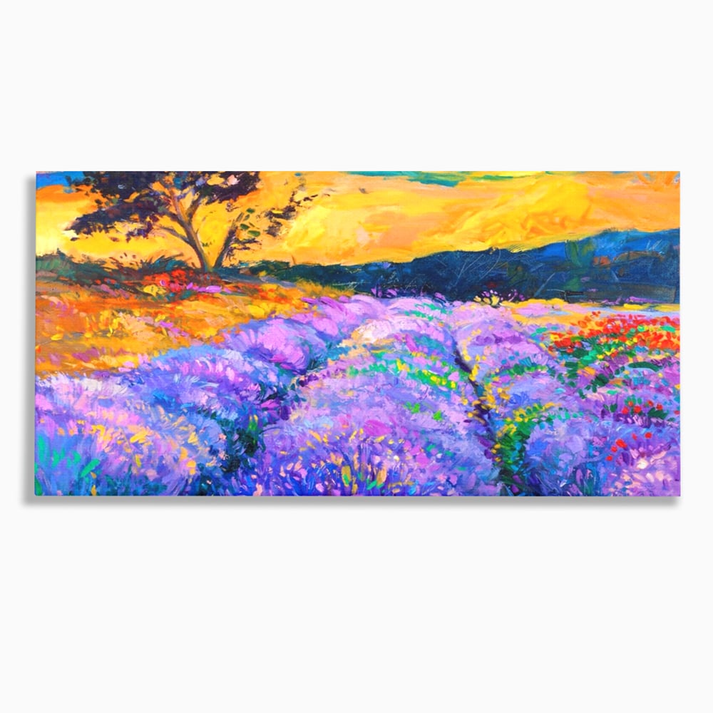 Tablou canvas cu pictura camp de lavanda la apus, fara rama, pe sasiu de lemn