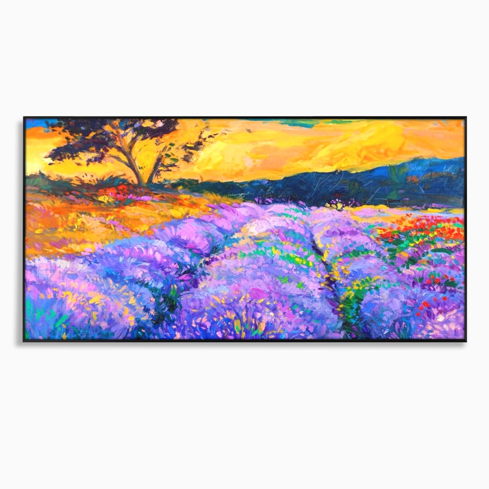 Tablou canvas cu pictura camp de lavanda la apus, in rama de aluminiu negru