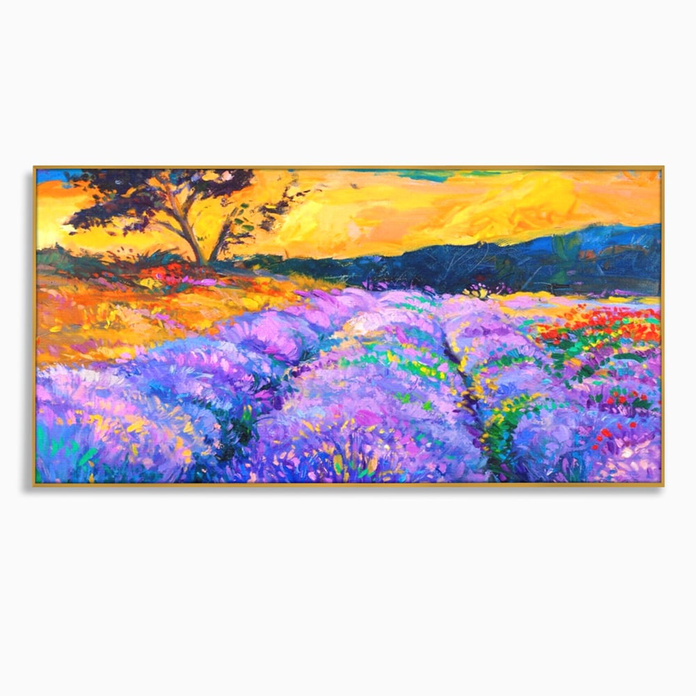 Tablou canvas cu pictura camp de lavanda la apus, in rama de aluminiu auriu