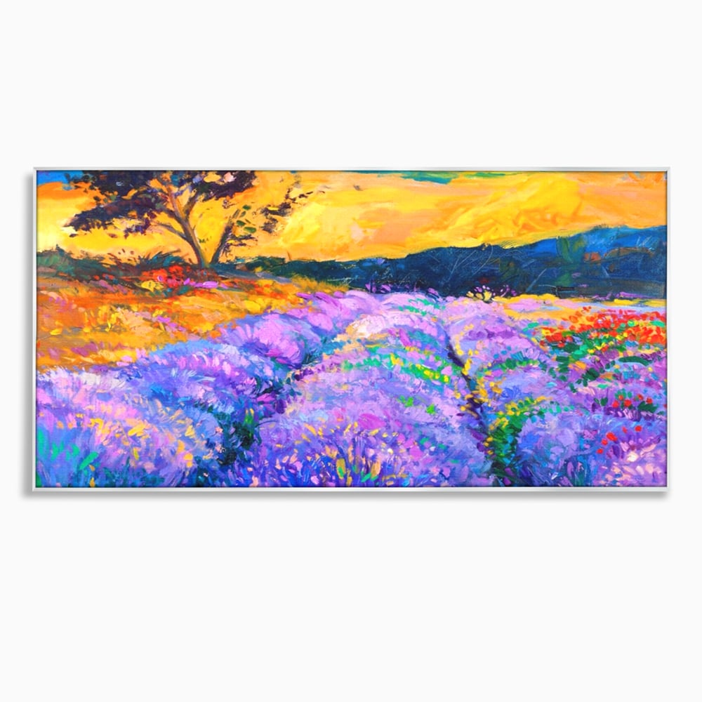 Tablou canvas cu pictura camp de lavanda la apus, in rama de aluminiu argintiu