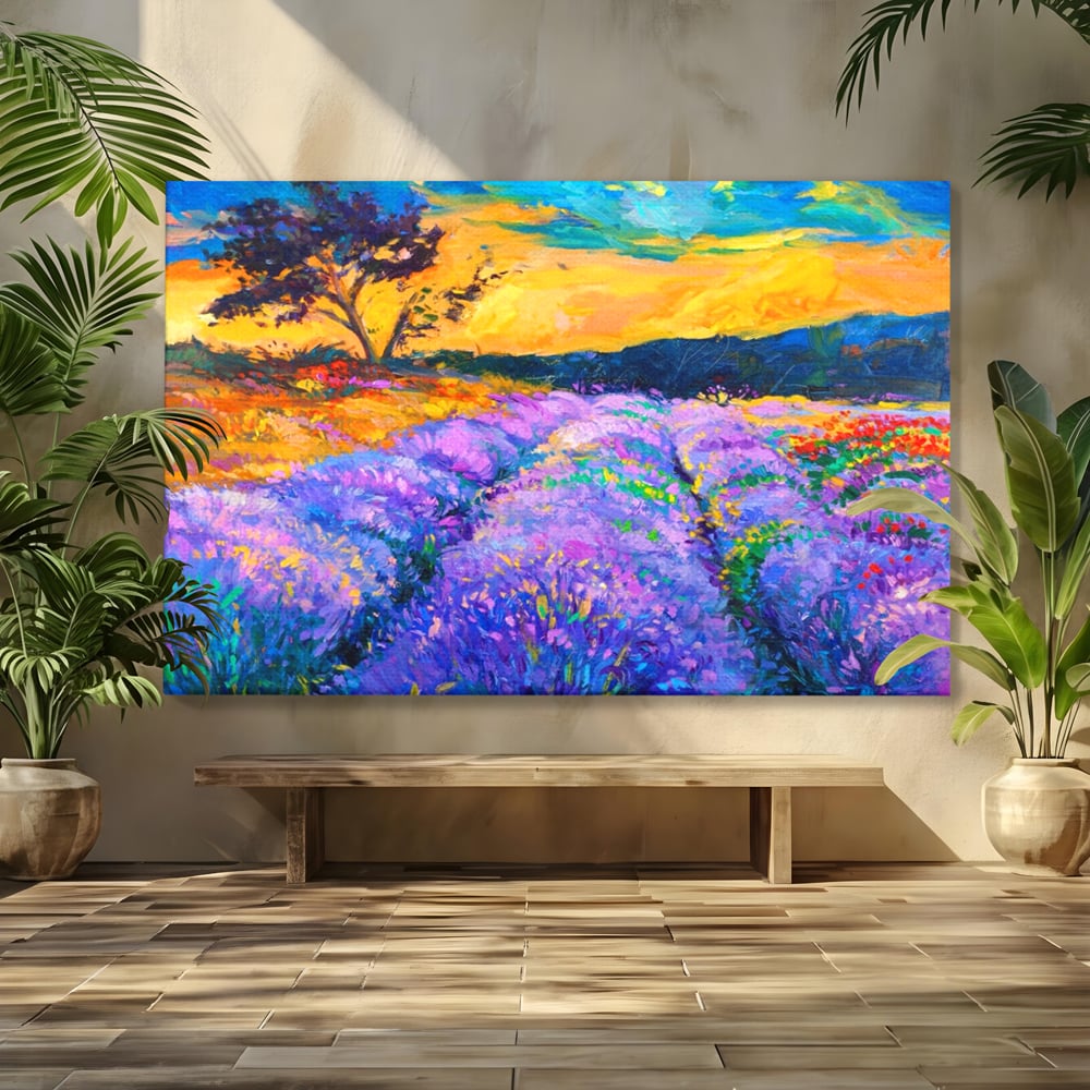 Tablou canvas cu pictura camp de lavanda la apus, fara rama, pe sasiu de lemn
