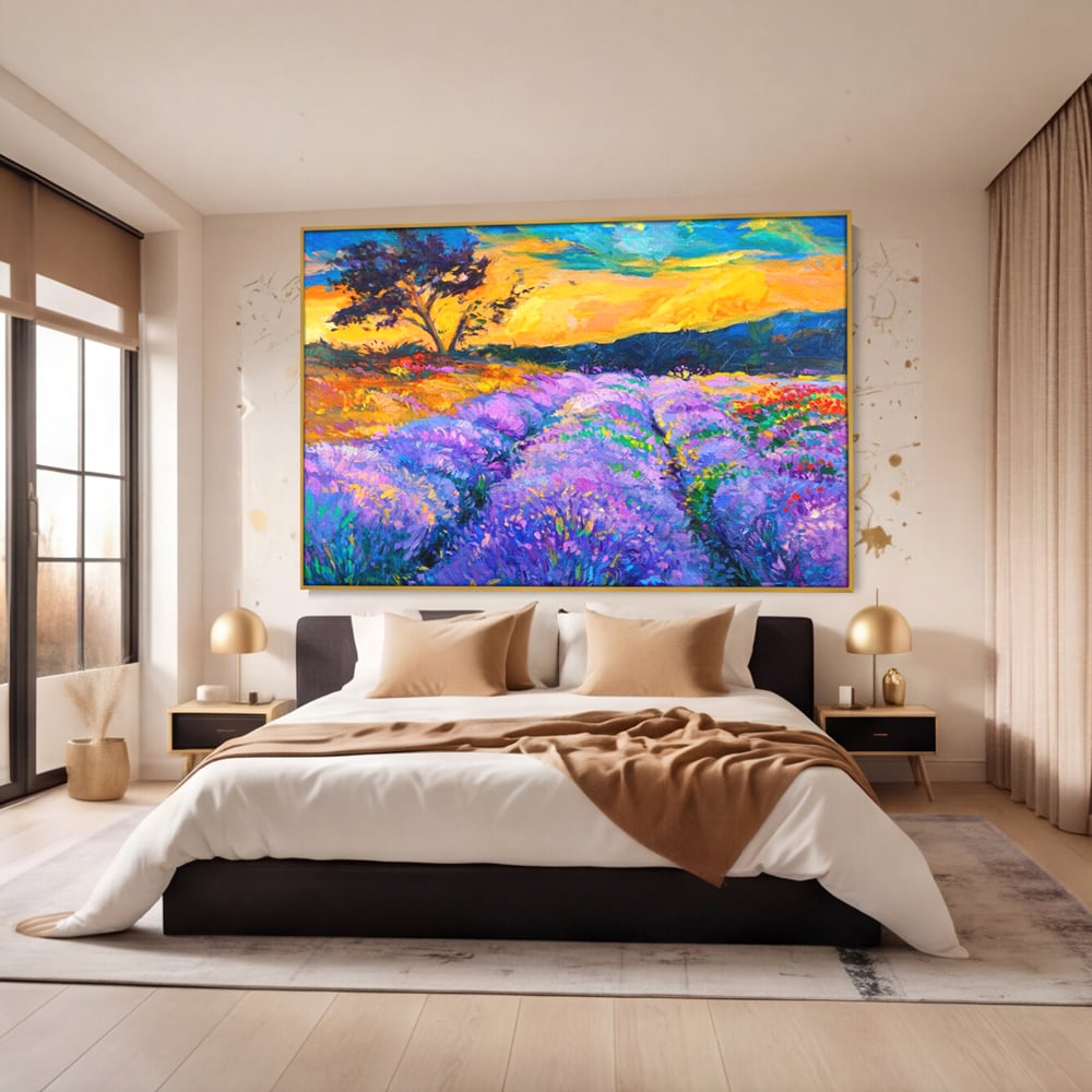 Tablou canvas cu pictura camp de lavanda la apus, in rama de aluminiu auriu, pe perete intr-un dormitor