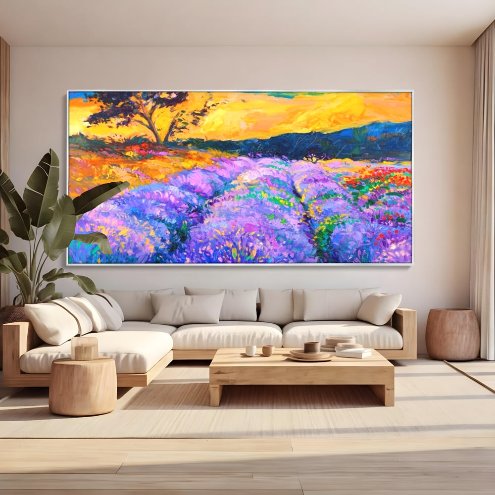 Tablou canvas cu pictura camp de lavanda la apus, in rama de aluminiu argintiu, pe perete intr-un living